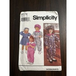 1993 Simplicity 8574 Toddlers Dress Jumpsuit Hat size A 1-4 sewing pattern uncut